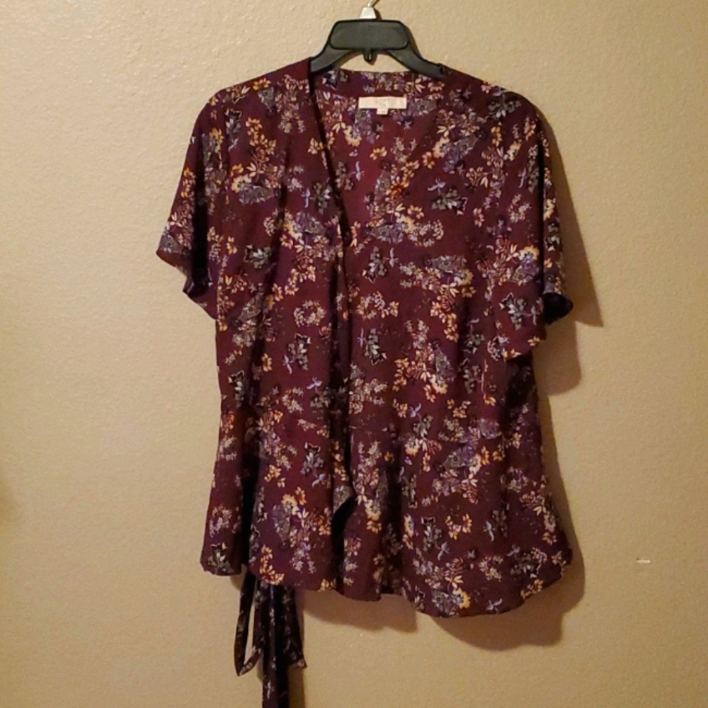 LOFT wrap Blouse Dark Mauve with flowers size 22